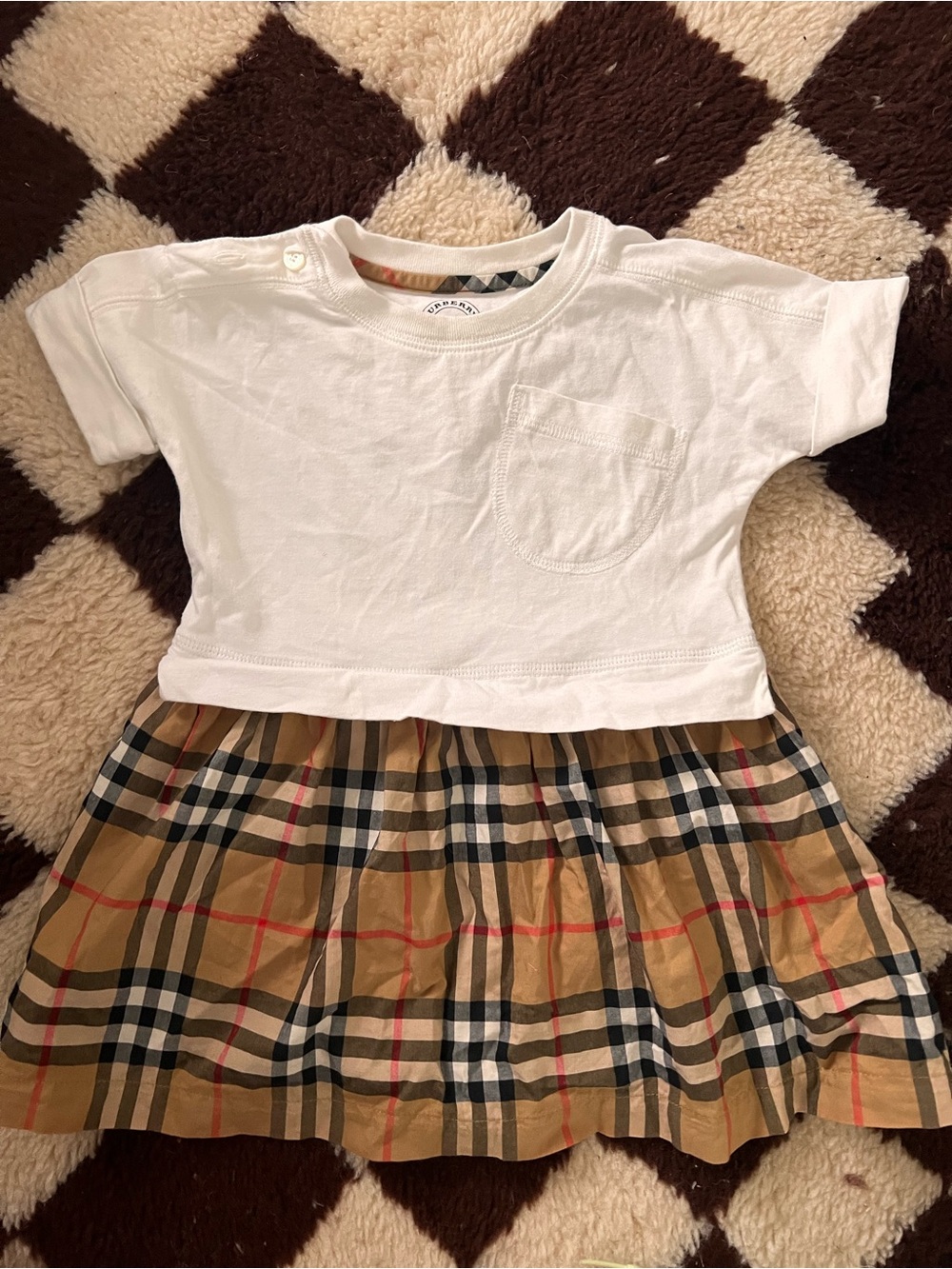 Burberry White Onesie Dress with Beige Signature Check Skirt